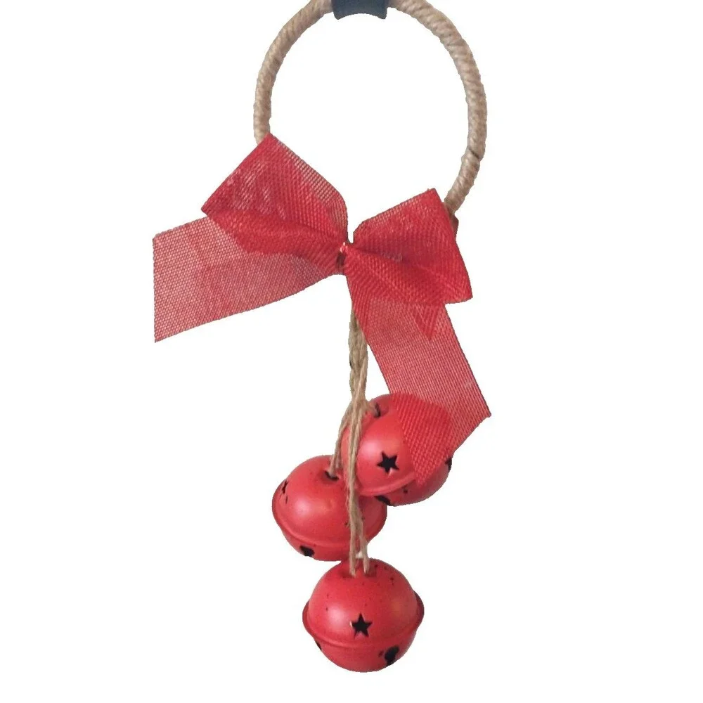 Farmhouse Holiday Door Hanger Doorknob Metal Jingle Bells Bow Jute 12” L